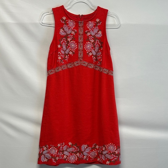 NWT Anthropologie Aiko Embroidered Red Linen Blend Shift Dress Women's 0 - Picture 2 of 6
